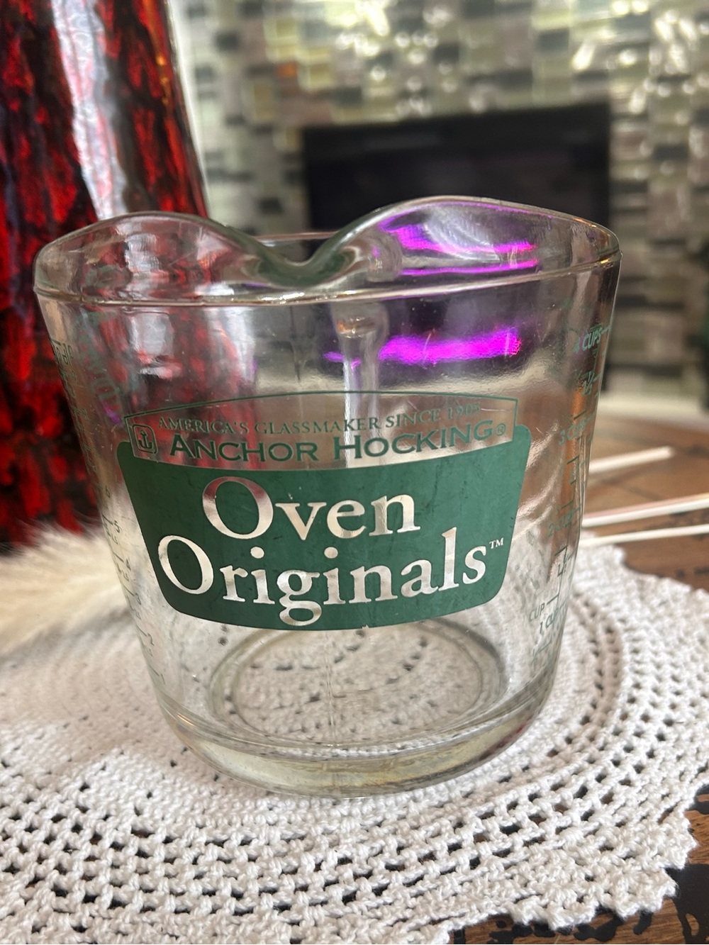 Vintage Anchor Hocking Glass with green Oven Originals Logo - 4 Cups Large